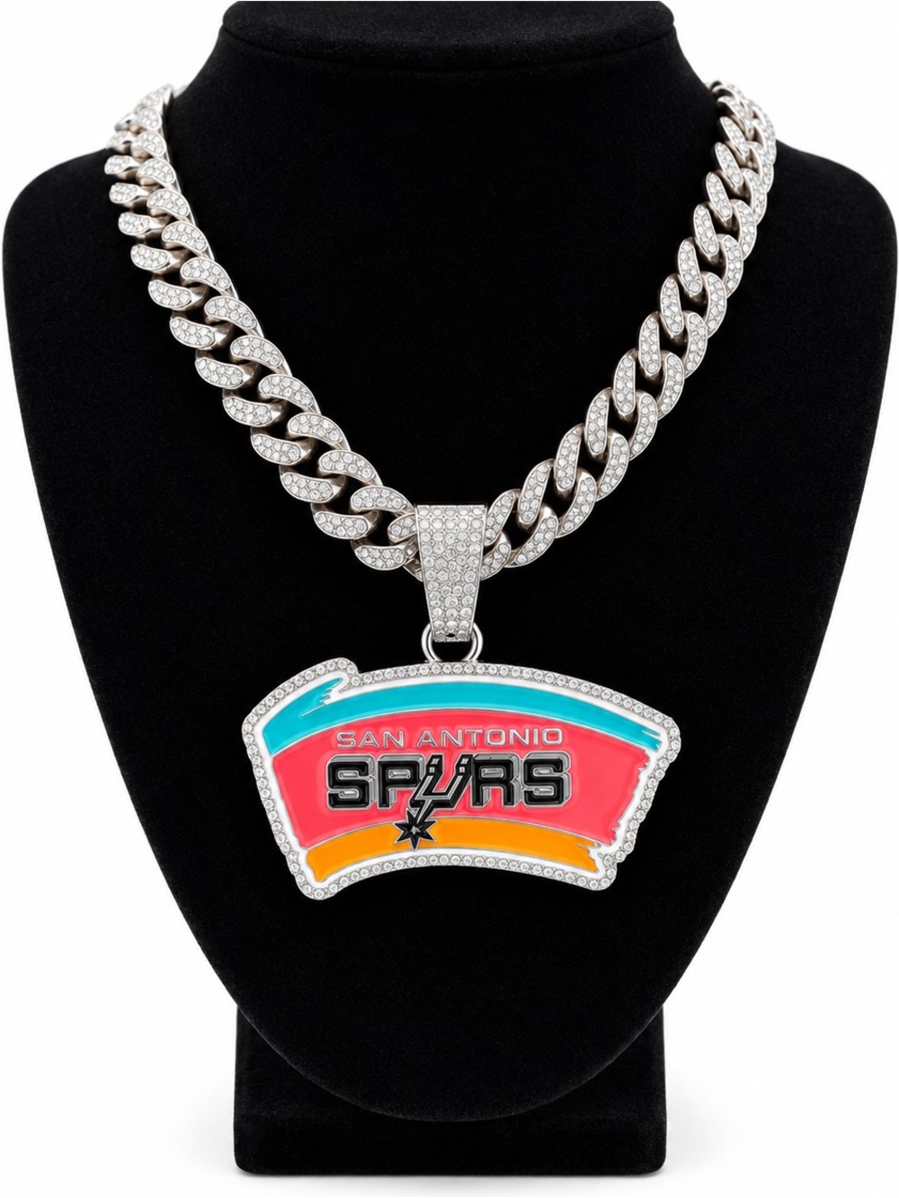 NBA San Antonio Spurs Pendant Necklace in Teal Pink Yellow and Silver